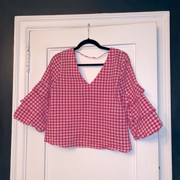 3/4 Sleeve Zara Basic pink gingham v-neck - Picture 4 of 5